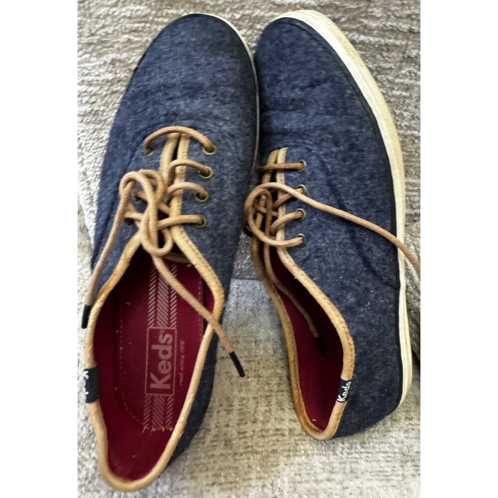 EUC KEDS Women 7.5 denim Blue Wool Felt Fabric floral trim Lace Up Flat Sneaker
